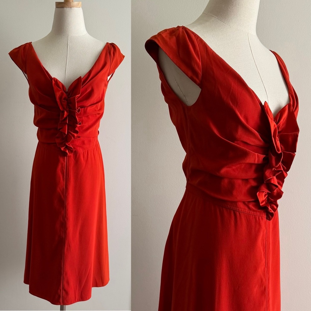 Zac Posen Orange Red Silk Ruffle Sleeveless Dress (Size 6)